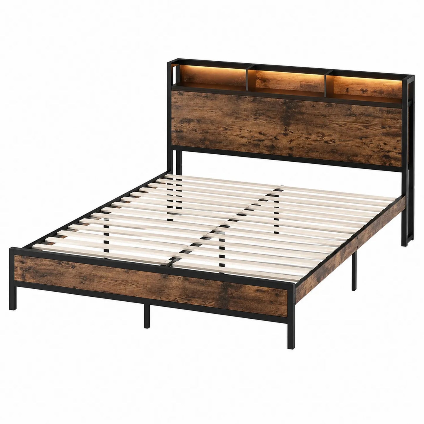 Metallbett mit MDF-Holzoptik und Regal-Kopfteil 140x200 cm