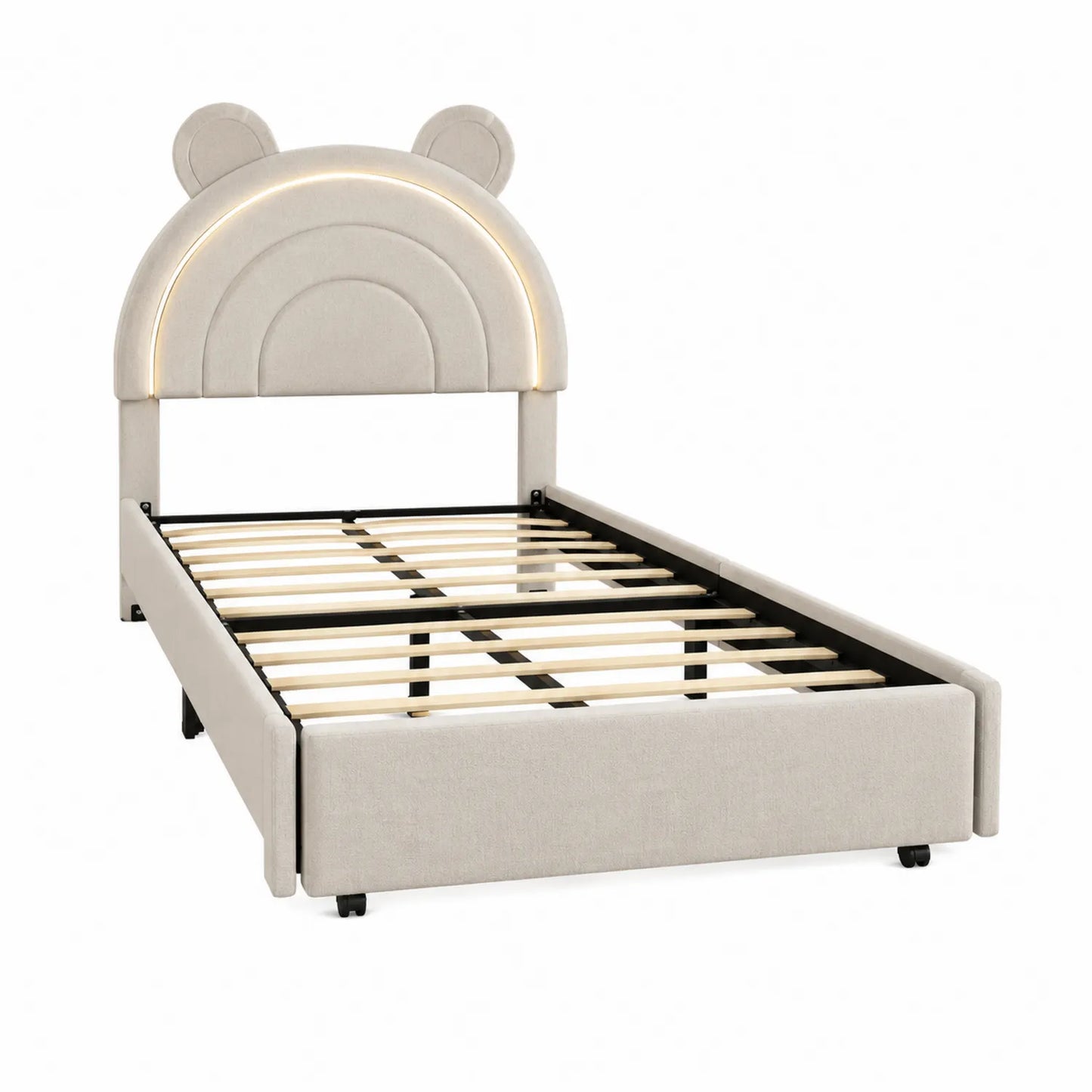 Kinderbett mit Bärenkopf und LED, Holz und Metall, Beige, 200x90 cm