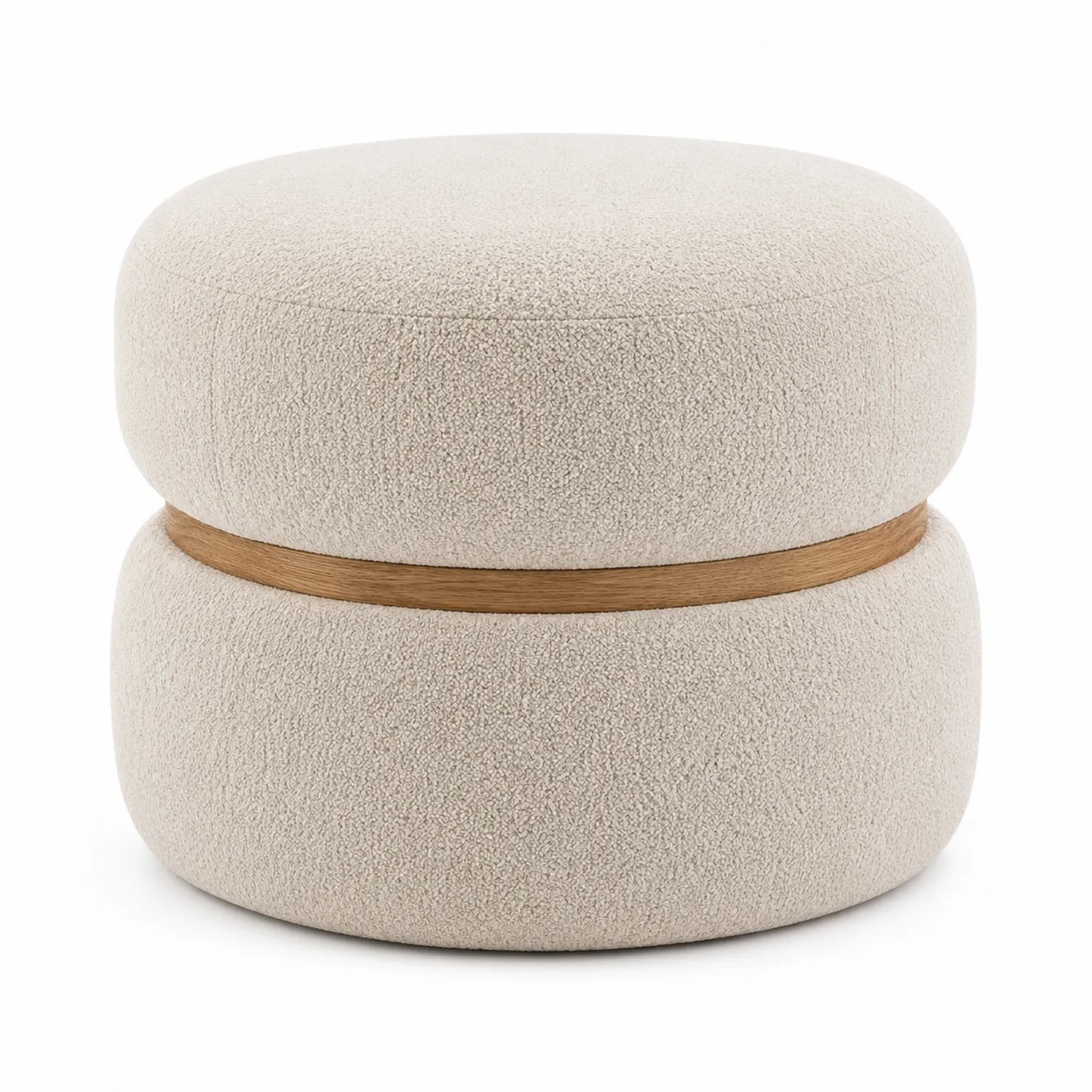 Runder Fußhocker aus Polyester in Beige mit Holzakzent