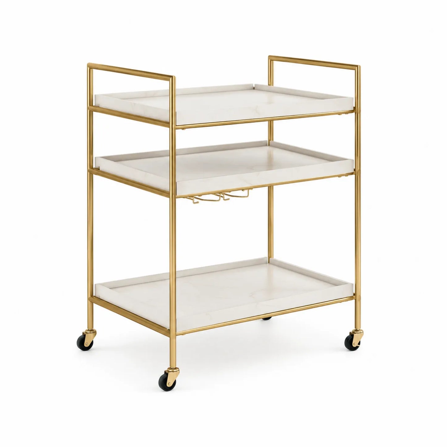 Barwagen mit Holzplatten und Metallrahmen in Weiß und Gold