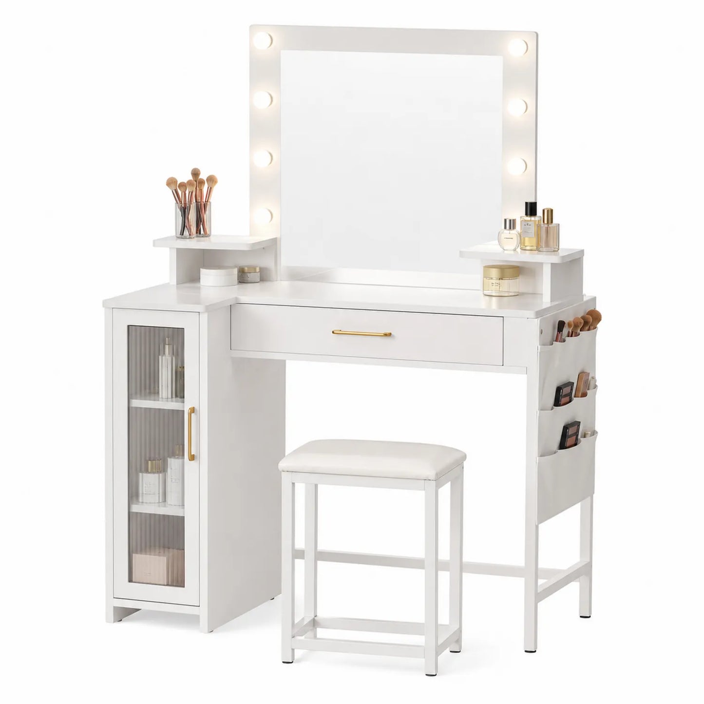 Schminktisch-Set mit LED-Beleuchtung und Hocker Weiß Holz/MDF