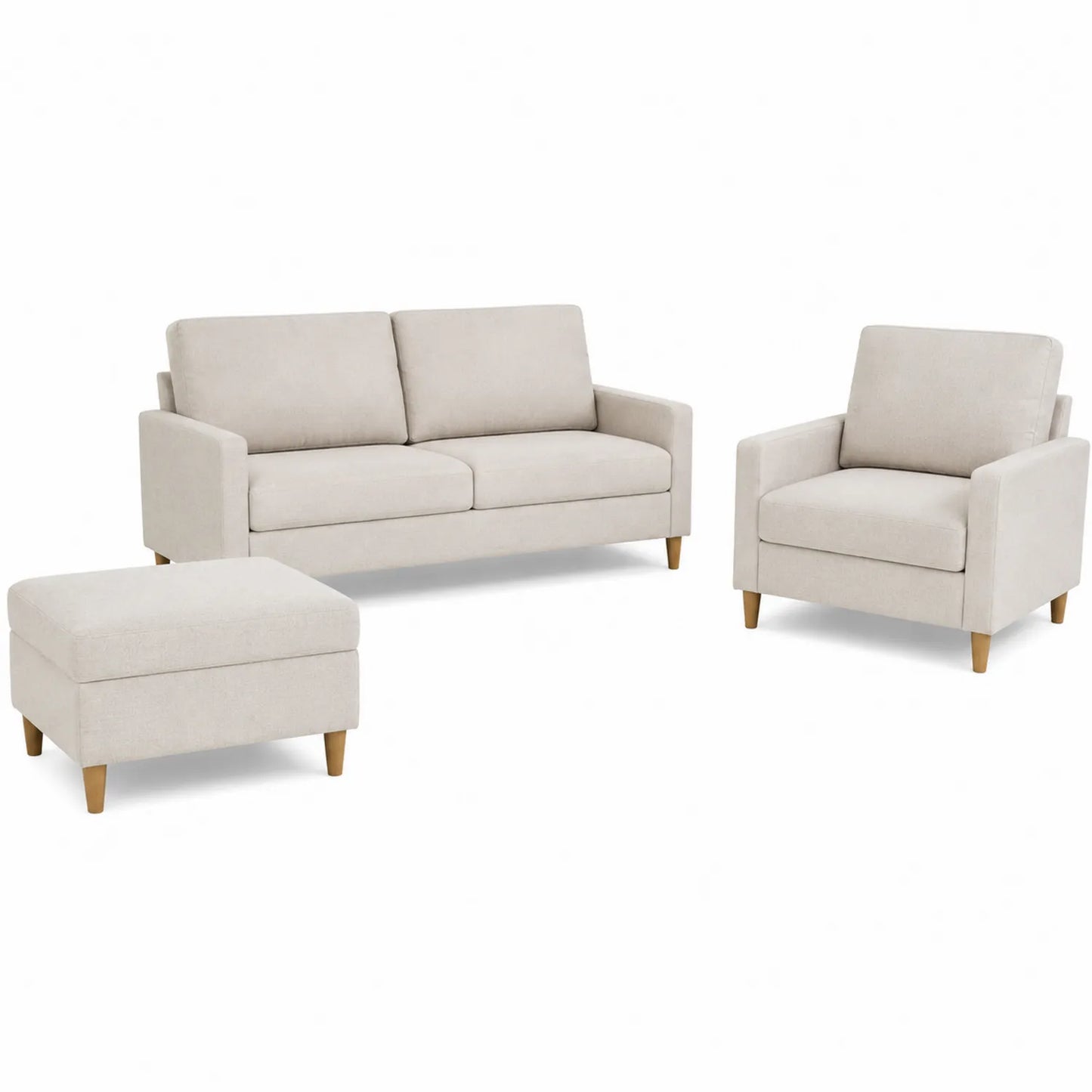 Sofa Set aus Holz und Stoff Beige mit Sessel und Hocker