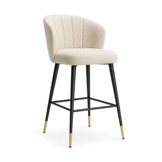 Barhocker aus Bouclé mit Metallgestell und goldenen Details, Beige