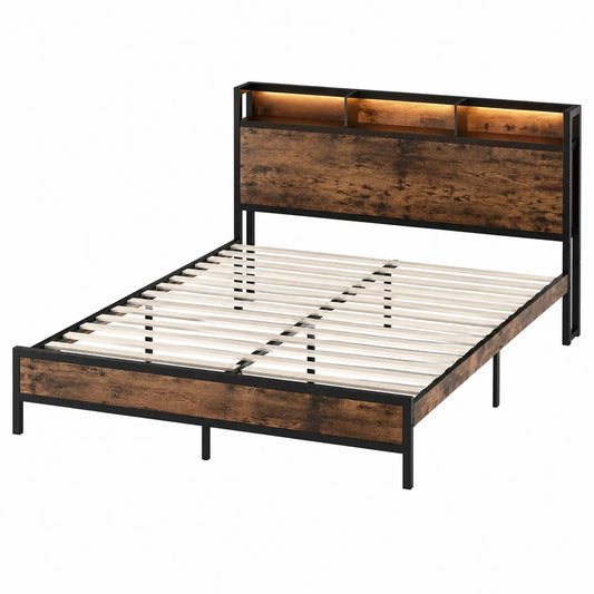 Metallbett mit MDF-Holzoptik und Regal-Kopfteil 140x200 cm