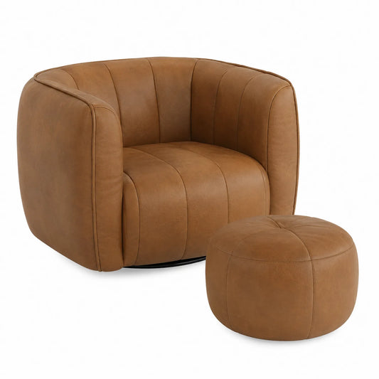 Ledersessel und Hocker Set Braun