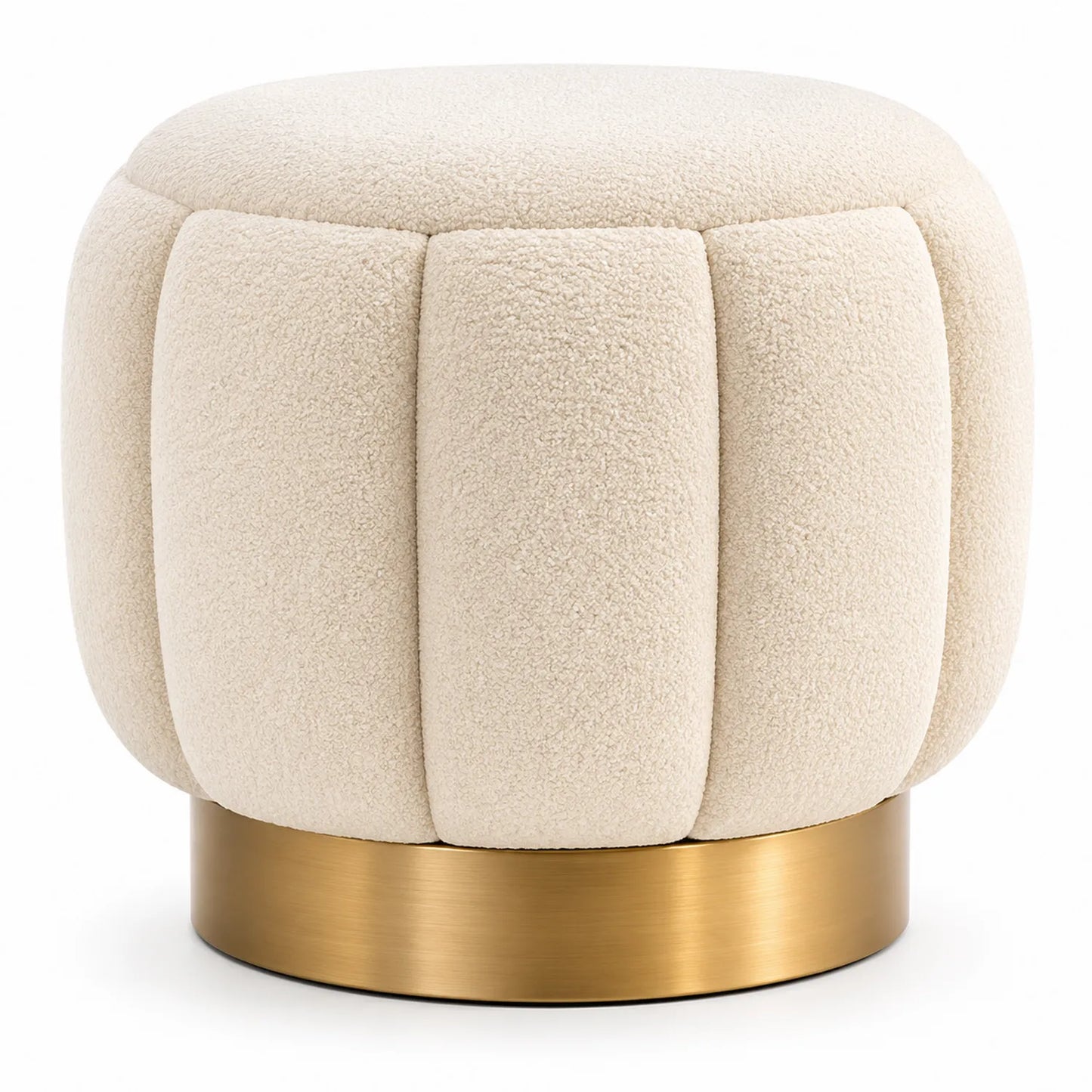 Runder Bouclé Fußhocker in Creme mit Metallbasis