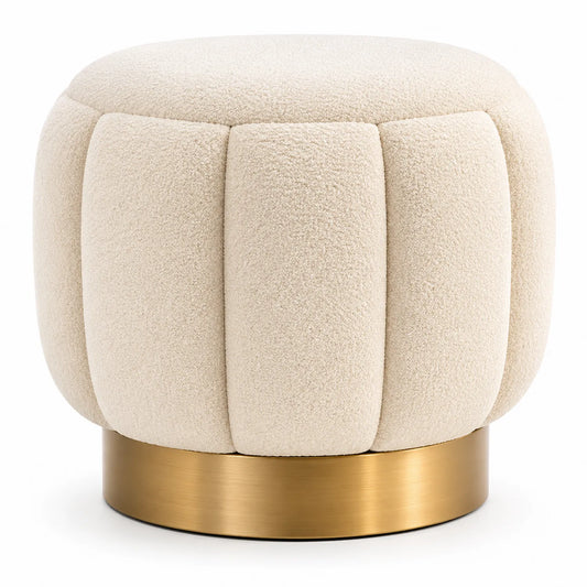 Runder Bouclé Fußhocker in Creme mit Metallbasis