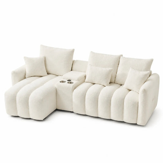 Ecksofa aus Bouclé mit Becherhalter in Beige