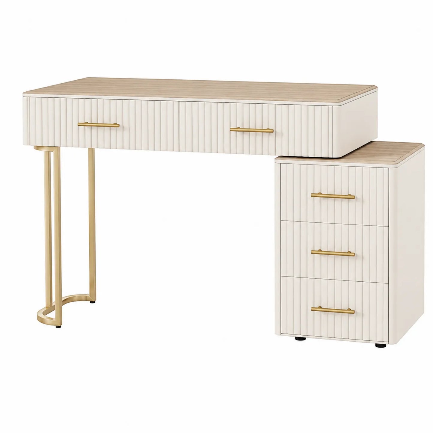 Schminktisch Set aus MDF Weiß mit goldenen Griffen 120cm