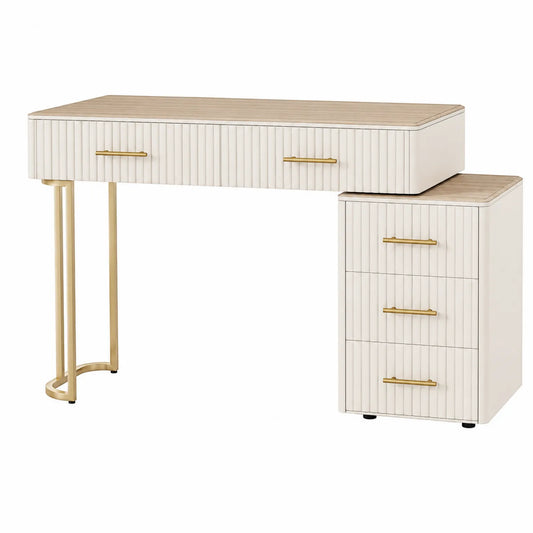 Schminktisch Set aus MDF Weiß mit goldenen Griffen 120cm