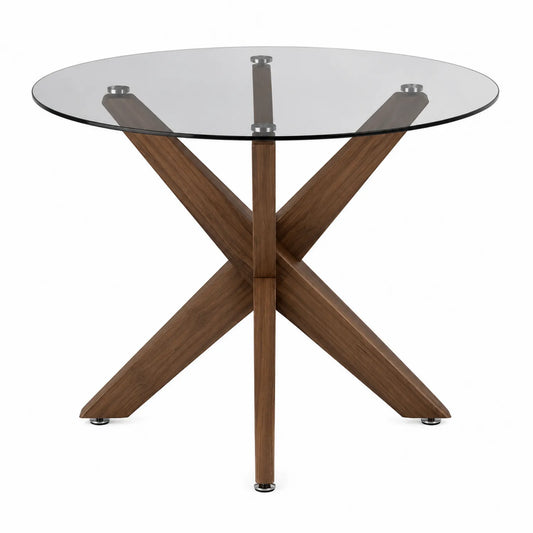 Runder Esstisch aus Glas und Walnussholz, 110 cm