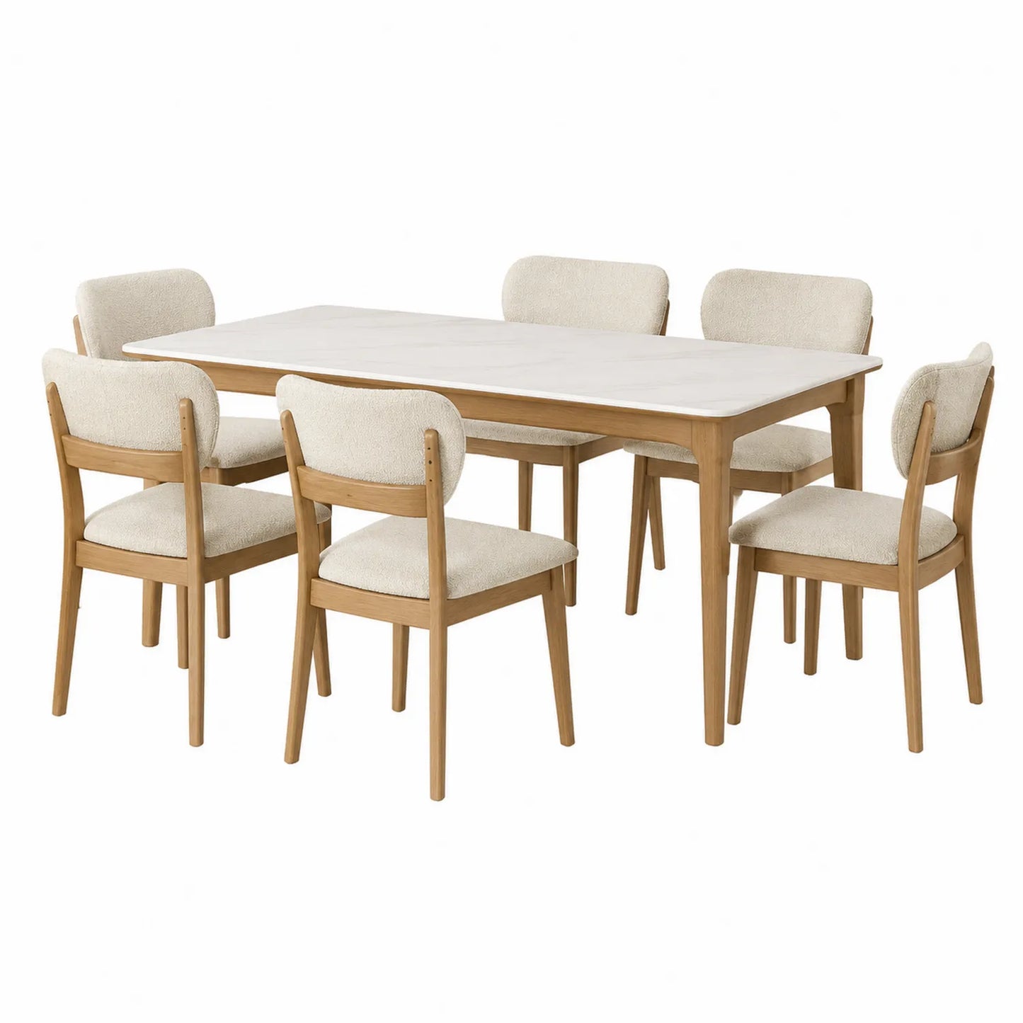 Essgruppe aus Holz und Stoff Beige, Tisch 150x90 cm, 6 Stühle