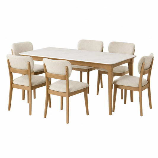 Essgruppe aus Holz und Stoff Beige, Tisch 150x90 cm, 6 Stühle