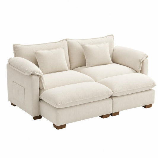 2-Sitzer Sofa Cord Beige mit Holzbasis