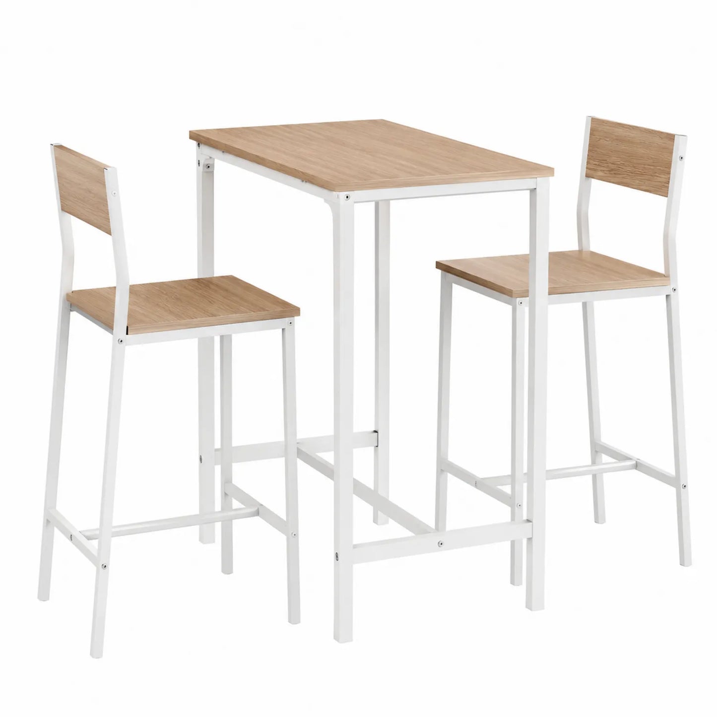Bartisch-Set aus Metall und MDF in Weiß und Eiche Optik mit 2 Barhockern