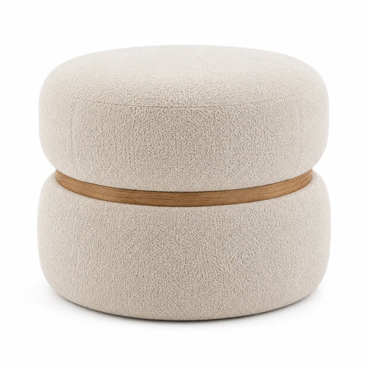 Runder Fußhocker aus Polyester in Beige mit Holzakzent