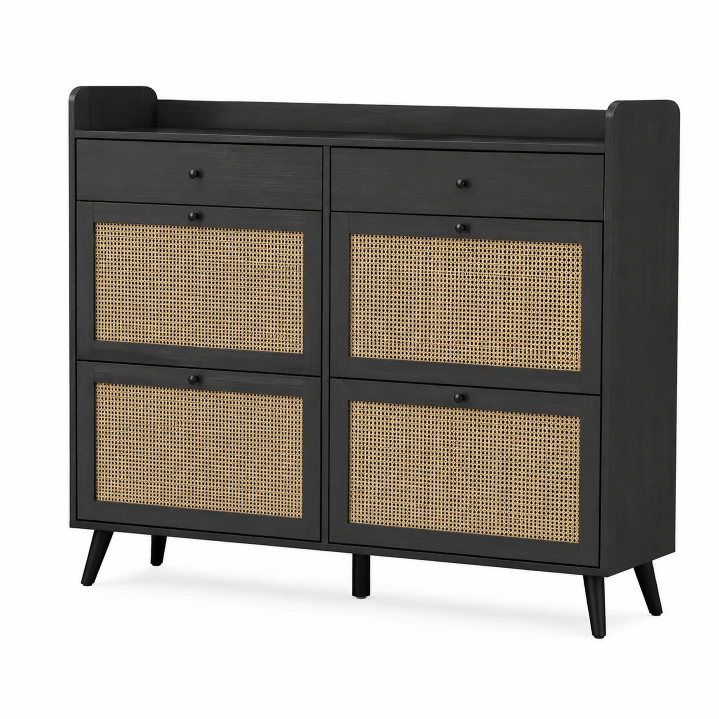 Schuhschrank Holz Rattan Schwarz 90x110x35cm