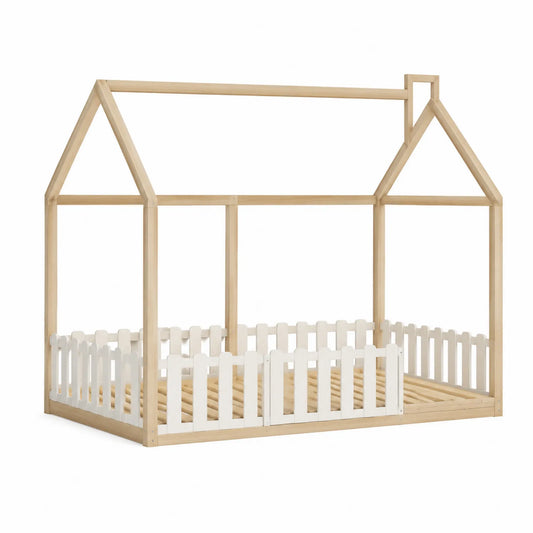 Kinderhausbett aus Holz in Natur/Weiß 200x90cm
