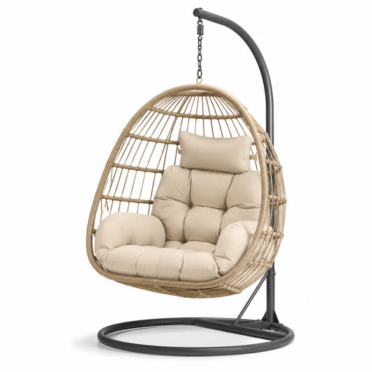 Rattan Hängesessel mit Stahlrahmen und Kissen Beige/Schwarz