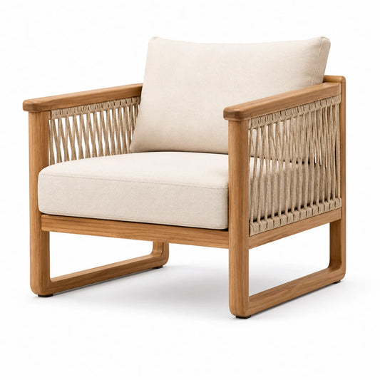 Gartenstuhl aus Holz und Polyesterseil in Beige