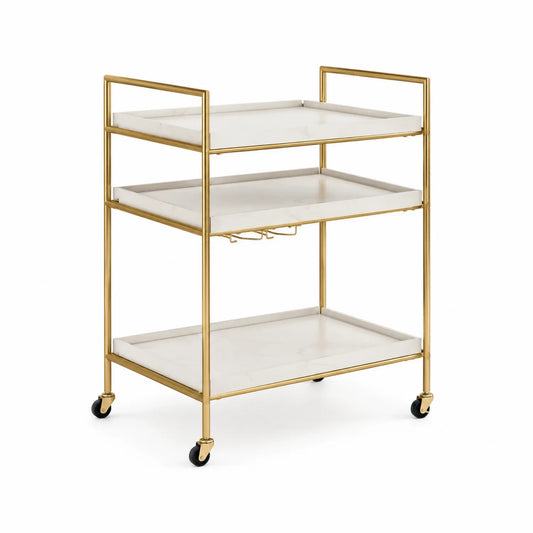 Barwagen mit Holzplatten und Metallrahmen in Weiß und Gold