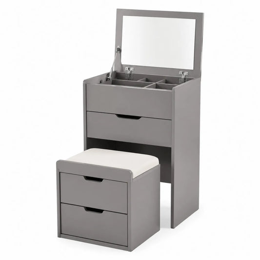MDF Schminktisch Set mit Hocker und Spiegel Grau