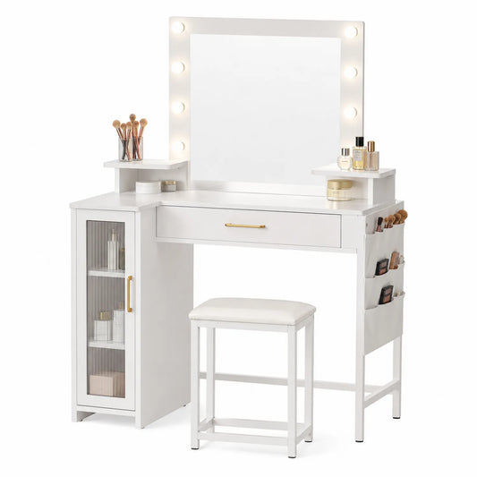 Schminktisch-Set mit LED-Beleuchtung und Hocker Weiß Holz/MDF
