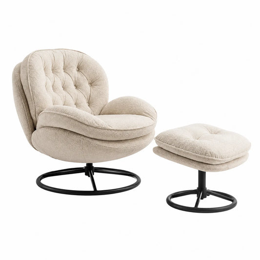 Drehsessel mit Hocker, Metallgestell, Polyester, Beige