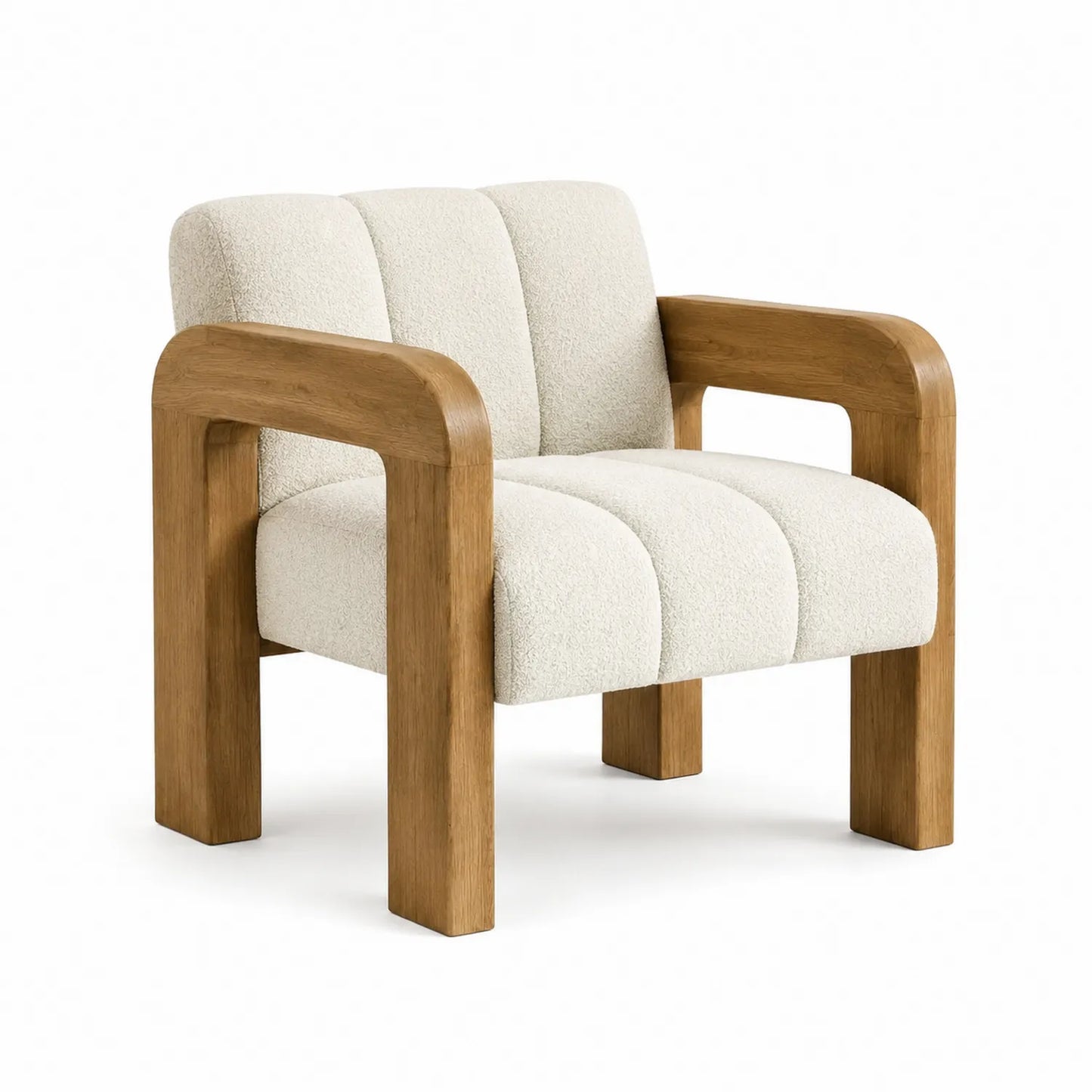 Eichenholzstuhl mit Bouclé-Polsterung in Creme