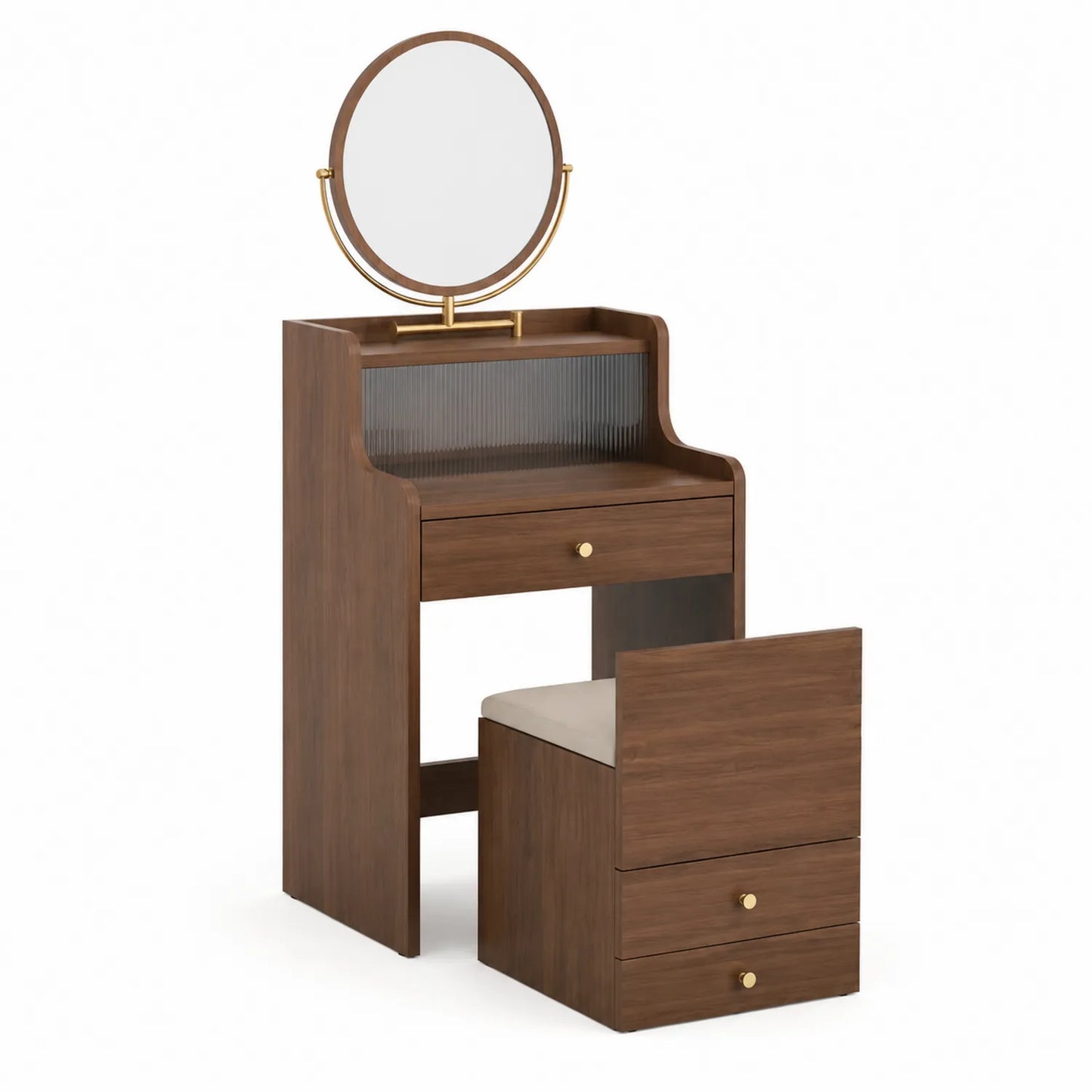 Holz-Schminktisch mit Spiegel und Hocker, Braun