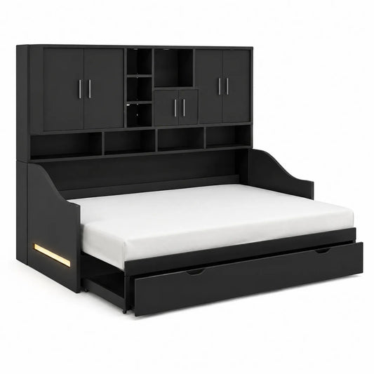 Schwarzes Holz-Schlafsofa mit Regal und Stauraum