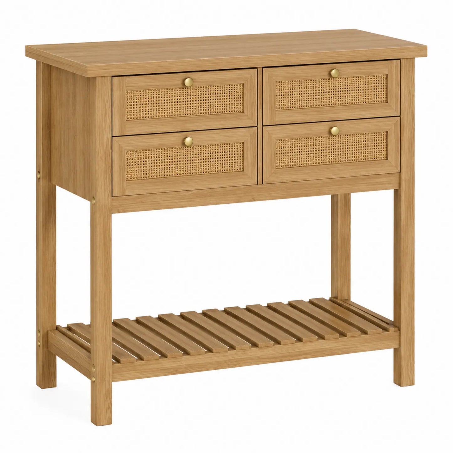 Holz Sideboard mit Rattanfronten, 4 Schubladen, 90x30x85cm