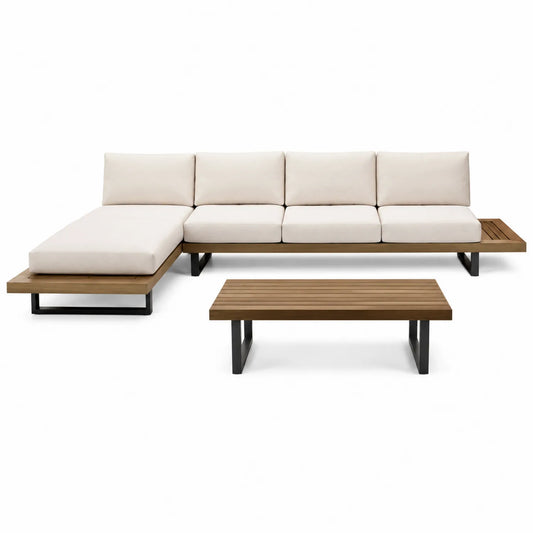 Ecksofa Set Teakholz Stahl Creme