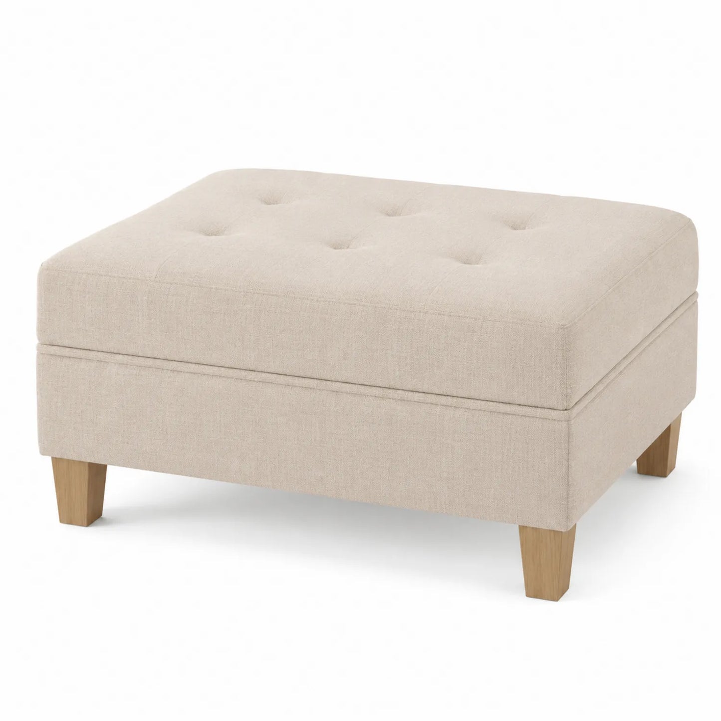 Rechteckiger Leinen-Fußhocker mit Holzbeinen in Beige